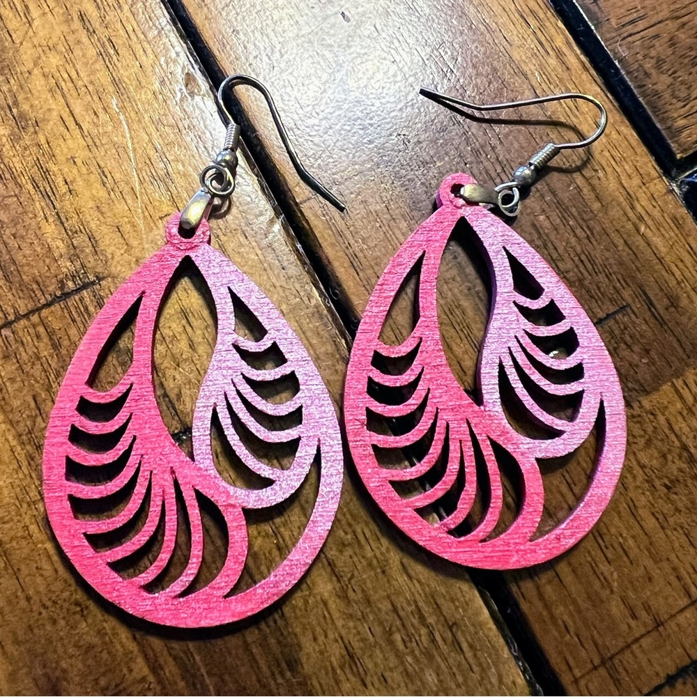 Handcrafted Wood Pink Teardrop Earrings